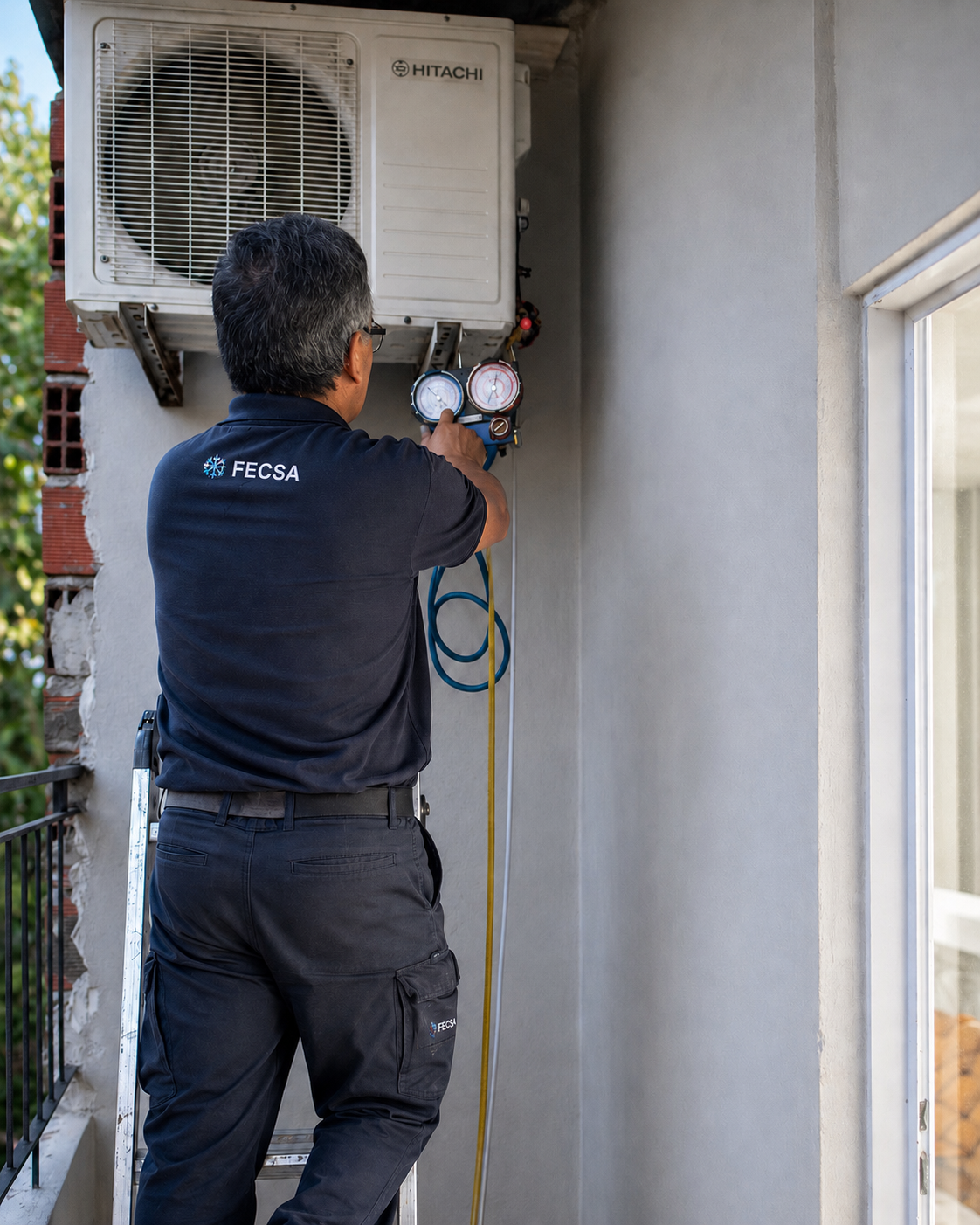Técnico de FECSA realizando control y mantenimiento de aire acondicionado exterior