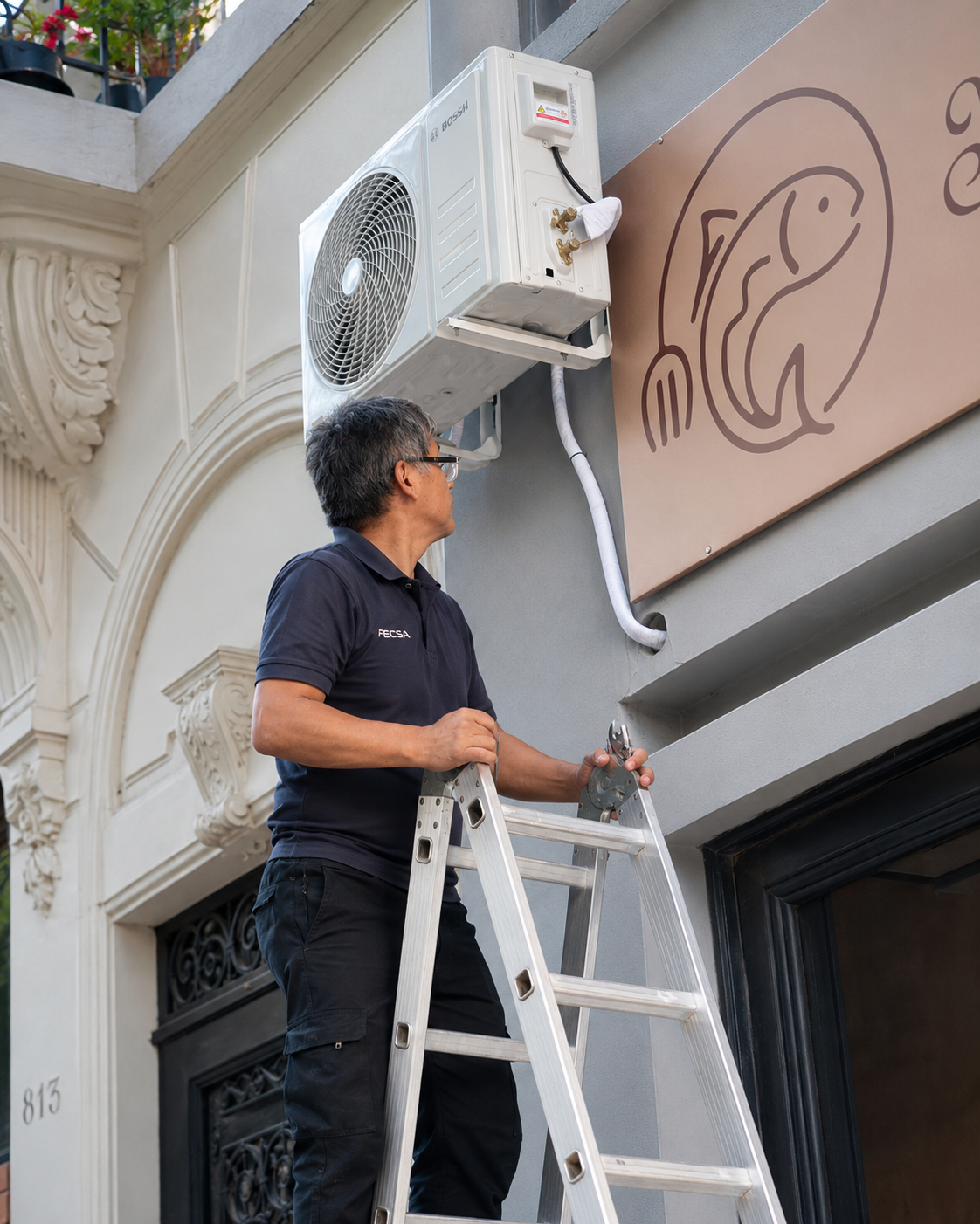 Técnico de FECSA realizando instalación de aire acondicionado con escalera